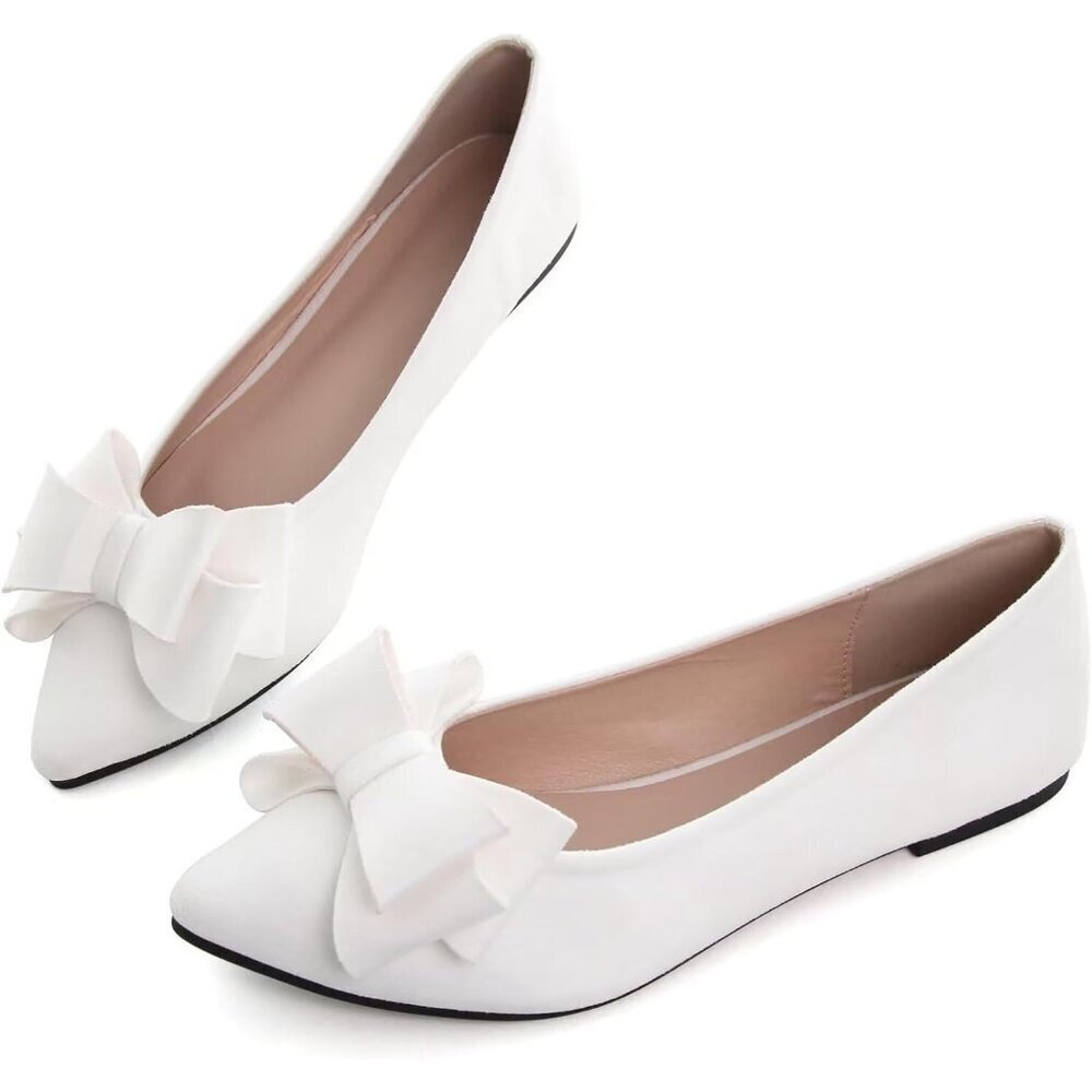 Women's White Bowknot Ballet Flats Pointy Toe Casual Flat Shoes Suede - Picture 2 of 6